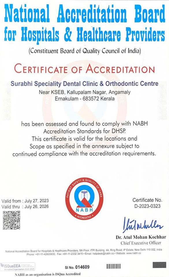 best-dental-clinic-kerala-nabh-certificate NABH accreditation certificate for Surabhi Specialty Dental Clinic in Angamaly, Best Dental Clinic in Kerala